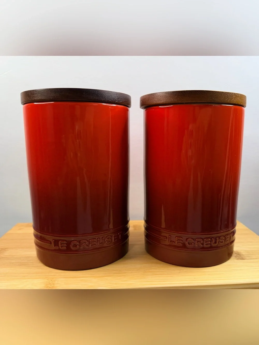 Le Creuset CERISE Stoneware Signature Storage Canister Wood Lid 26oz /770ml Set2